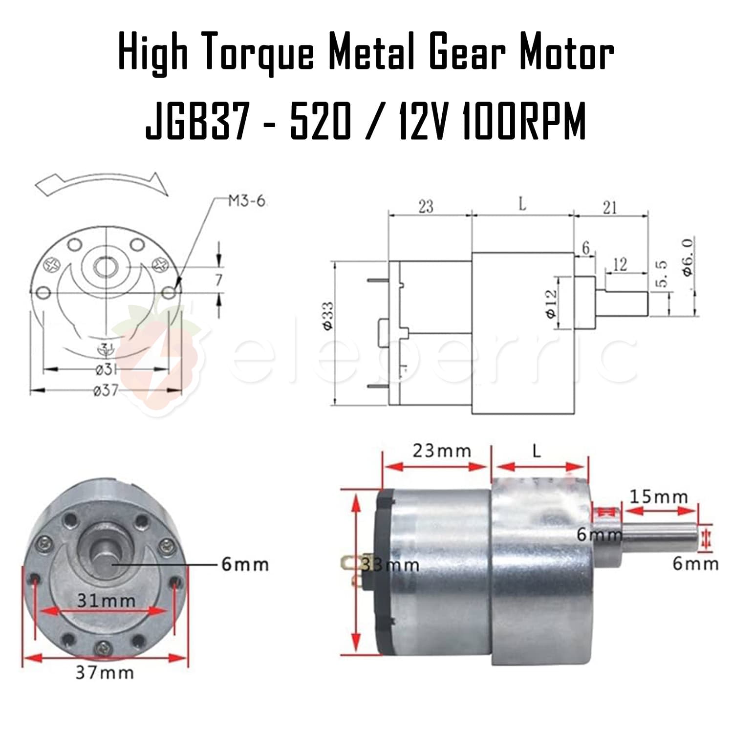 JGB37-520 12V 100 RPM High Torque Metal Gear Motor - View 7